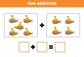 Bildungsspiel für Kinder Spaßzusatz durch Zählen des Arbeitsblattes für Cartoon-Transport-U-Boot-Bilder vektor