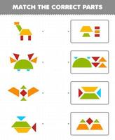 Lernspiel für Kinder Ordne die richtigen Teile zu Geometrische Formen 6 Quadrat Dreieck Rechteck Arbeitsblatt zum Ausdrucken vektor