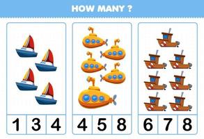 Bildungsspiel für Kinder, die zählen, wie viele Cartoon-Wassertransport-Segelboot-U-Boot-Schiffe vektor