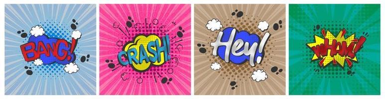 Text-Comic-Blasensammlung, wham, hey, crash and bang, Pop-Art im Cartoon-Stil, vektor