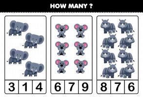 Bildungsspiel für Kinder, die zählen, wie viele niedliche Cartoon-graue Tierelefanten-Koala-Nashörner vektor