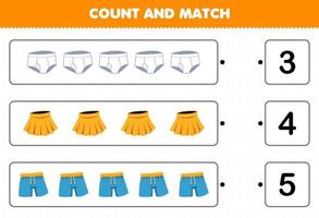 Bildungsspiel für Kinder Zähle und vergleiche die Anzahl der tragbaren Cartoon-Kleidung, Unterhose, Rock, Hose und stimme mit den richtigen Zahlen überein. Druckbares Arbeitsblatt vektor