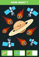 utbildningsspel för barn som söker och räknar hur många objekt söt tecknad solsystem planet Saturnus komet satellit vektor