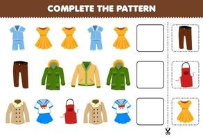 Lernspiel für Kinder Vervollständigen Sie das Muster Logisches Denken Finden Sie die Regelmäßigkeit und setzen Sie die Reihe fort Aufgabe mit Cartoon tragbare Kleidung Pyjama Kleid Hosen Jacke Strickjacke Mantel Uniform Schürze vektor