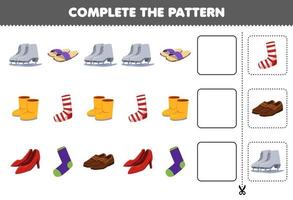 Bildungsspiel für Kinder Vervollständigen Sie das Muster Logisches Denken Finden Sie die Regelmäßigkeit und setzen Sie die Reihenaufgabe mit Cartoon-Kleidung Schlittschuhläufer Pantoffel Stiefelschuhe Fersensocken fort