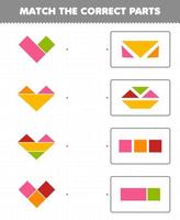 Lernspiel für Kinder Ordne die richtigen Teile zu Geometrische Formen 5 Halbkreis Dreieck Rechteck Trapez Druckbares Arbeitsblatt vektor