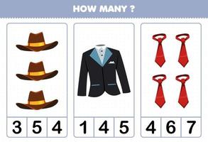 Bildungsspiel für Kinder, die zählen, wie viele tragbare Cartoon-Kleidung Cowboyhut Smoking Anzug Krawatte vektor