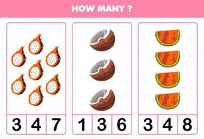 utbildning spel för barn att räkna hur många tecknade frukter drake frukt kokos vattenmelon vektor