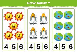 Bildungsspiel für Kinder, die zählen, wie viele niedliche Cartoon-Sonnensystem-Sonne-Raumschiff-Erde-Planeten vektor