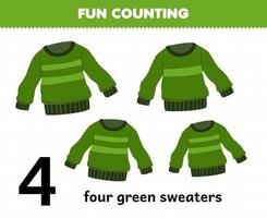Bildungsspiel für Kinder Spaß beim Zählen von tragbarer Kleidung vier grüne Pullover vektor