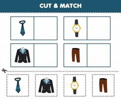 utbildningsspel för barn klipp och matcha samma bild av tecknade bärbara kläder slips klocka smoking kostym byxa vektor