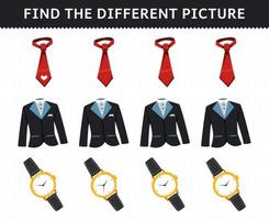 utbildning spel för barn hitta olika bilder i varje rad tecknade bärbara kläder smoking kostym slips klocka vektor