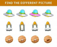 utbildning spel för barn hitta olika bild i varje rad söt tecknad solsystem ufo rymdskepp planet vektor