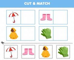Lernspiel für Kinder Schneiden und passen Sie das gleiche Bild von Cartoon-Kleidung Regenschirm Stiefel Regenmantel Handschuhe