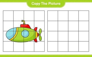 kopiera bilden, kopiera bilden av ubåten med hjälp av rutnätslinjer. pedagogiskt barnspel, utskrivbart kalkylblad, vektorillustration vektor