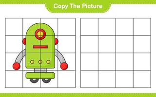 Kopieren Sie das Bild, kopieren Sie das Bild des Robotercharakters mit Gitterlinien. pädagogisches kinderspiel, druckbares arbeitsblatt, vektorillustration vektor