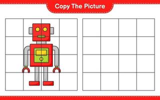 Kopieren Sie das Bild, kopieren Sie das Bild des Robotercharakters mit Gitterlinien. pädagogisches kinderspiel, druckbares arbeitsblatt, vektorillustration vektor