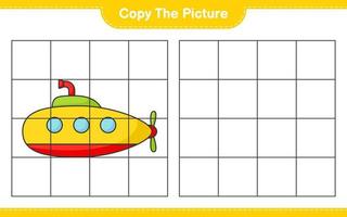 kopiera bilden, kopiera bilden av ubåten med hjälp av rutnätslinjer. pedagogiskt barnspel, utskrivbart kalkylblad, vektorillustration vektor