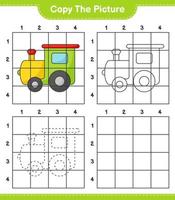 kopiera bilden, kopiera bilden av tåget med hjälp av rutnätslinjer. pedagogiskt barnspel, utskrivbart kalkylblad, vektorillustration vektor