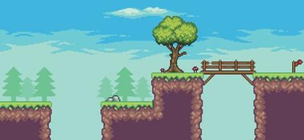 Pixel-Art-Arcade-Spielszene mit Bäumen, Brücken, Wolken und Steinen 8-Bit-Hintergrund