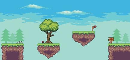 Pixel-Art-Arcade-Spielszene mit schwimmender Plattform, Bäumen, Wolken und Flaggen-8-Bit-Hintergrund