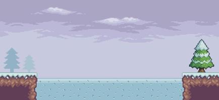 Pixelkunst-Spielszene im Schnee mit Kiefern, gefrorenem See, Wolken 8-Bit-Hintergrund vektor