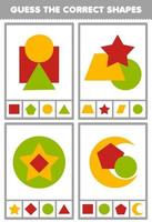 Bildungsspiel für Kinder Erraten Sie die richtigen Formen Geometrisches Quiz Druckbares Arbeitsblatt vektor