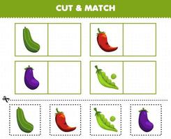 utbildningsspel för barn klipp och matcha samma bild av tecknade grönsaker gurka chili aubergine ärtor utskrivbart arbetsblad vektor