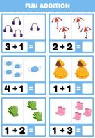 Lernspiel für Kinder Spaß Addition durch Zählen und Summe Cartoon tragbare Kleidung Kopfhörer Regenschirm Masker Regenmantel Handschuhe Stiefel Bilder Arbeitsblatt vektor