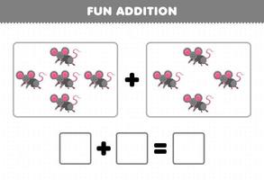 Bildungsspiel für Kinder Spaßzusatz durch Zählen des Arbeitsblatts für niedliche Cartoon-Tiermausbilder vektor