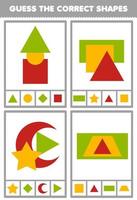 Bildungsspiel für Kinder Erraten Sie die richtigen Formen Geometrisches Quiz Druckbares Arbeitsblatt vektor