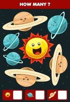 Bildungsspiel für Kinder, die suchen und zählen, wie viele Objekte niedlicher Cartoon Sonnensystemplanet Uranus Saturn Sonne vektor