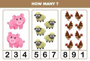 Bildungsspiel für Kinder, die zählen, wie viele niedliche Cartoon-Bauernhoftiere, Schweine, Schafe, Hühner vektor