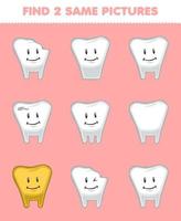 bildungsspiel für kinder finden sie zwei gleiche bilder niedliche cartoon menschliche anatomie und organ zahn vektor