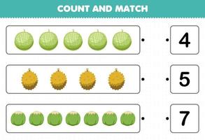 Bildungsspiel für Kinder Zähle und vergleiche die Anzahl der Cartoon-Früchte Melone Durian Kokosnuss und stimme mit den richtigen Zahlen überein druckbares Arbeitsblatt vektor