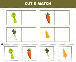 Bildungsspiel für Kinder Schneiden und gleichen Sie das gleiche Bild von Cartoon-Gemüse Spargel Karotte Lauch Weizen druckbares Arbeitsblatt vektor