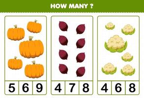 Bildungsspiel für Kinder, die zählen, wie viele Cartoon-Gemüse-Kürbis-Yamswurzel-Blumenkohl vektor