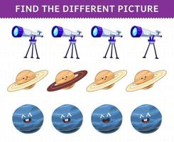 utbildning spel för barn hitta olika bild i varje rad söt tecknad solsystem teleskop saturnus neptunus planet vektor