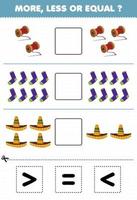 Bildung Spiel für Kinder mehr weniger oder gleich zählen die Menge an Cartoon tragbare Kleidung Sombrero Hut Socken Garn dann schneiden und kleben schneiden Sie das richtige Zeichen vektor