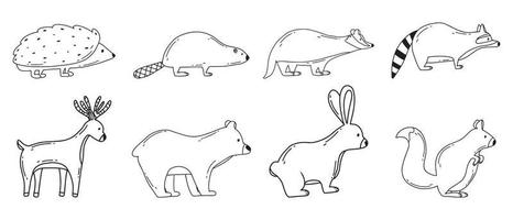 uppsättning skogsdjur i doodle stil. söt igelkott, ekorre, rådjur, björn, hare, bäver, tvättbjörn. vektor illustration.
