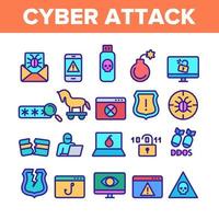 Farbsymbole für Cyber-Angriffselemente setzen Vektor