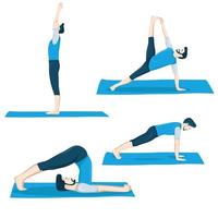 eine Reihe von Yoga-Haltungen für männliche Figuren 4 Yoga-Posen in einem flachen Design. vektor