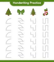 Handschrift üben. Verfolgen von Linien von Baum, Band und Weihnachtssocke. pädagogisches kinderspiel, druckbares arbeitsblatt, vektorillustration vektor