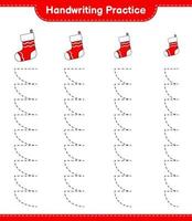 övning i handstil. spåra linjer av julstrumpa. pedagogiskt barnspel, utskrivbart kalkylblad, vektorillustration vektor