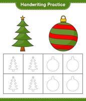 Handschrift üben. linien von weihnachtsbaum und weihnachtskugel verfolgen. pädagogisches kinderspiel, druckbares arbeitsblatt, vektorillustration vektor