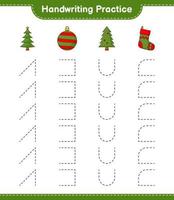 Handschrift üben. Linien von Baum, Weihnachtskugel und Weihnachtssocke nachzeichnen. pädagogisches kinderspiel, druckbares arbeitsblatt, vektorillustration vektor