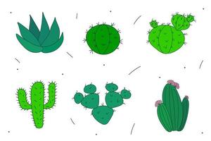 vektor uppsättning ljusa kaktusar, aloe och löv. samling av exotiska växter. dekorativa naturliga element är isolerade på vitt. kaktus med blommor.