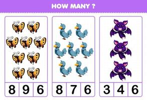 Bildungsspiel für Kinder, die zählen, wie viele niedliche Cartoon-Fliege Tier Schmetterling Taube Fledermaus