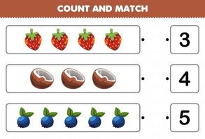 Bildungsspiel für Kinder Zähle und vergleiche die Anzahl der Cartoon-Früchte, Erdbeere, Kokosnuss, Blaubeere und stimme mit den richtigen Zahlen überein. Druckbares Arbeitsblatt vektor