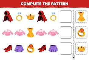 Bildungsspiel für Kinder Vervollständigen Sie das Muster Logisches Denken Finden Sie die Regelmäßigkeit und setzen Sie die Reihenaufgabe fort mit Cartoon-tragbarer Kleidung, Umhang, Krone, Bluse, Kleid, Fersenrock vektor